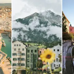 Dröm dig bort med ett weekendpaket i Europa: en solig kuststad, alpina hus med berg i molnen, och en stad vid en flod med broar.