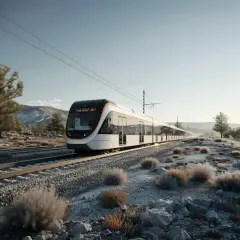 Ett modernt tåg på väg från Stockholm till Boden, passerar genom ett kargt landskap med berg och sparsam vegetation.