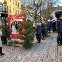 Människor njuter av en livlig julmarknad i Haga. En röd ram med texten "God Jul från HAGA" inbjuder till foton bland granar och stånd.