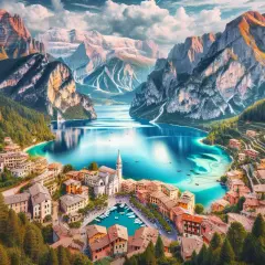 En pittoresk italiensk by vid en turkos sjö, omgiven av dramatiska berg. Ett av många mysiga resmål i Italien.