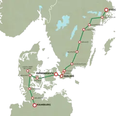 Karta över tåg Stockholm-München med stopp i Köpenhamn, Hamburg och flera svenska städer.