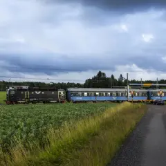 Ett svart lok drar blå sovvagnar på nya nattåg genom ett lantligt landskap med gröna fält och skog.