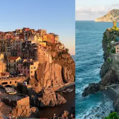 Färgstarka hus klättrar uppför klipporna vid Cinque Terre. En vy över en pittoresk kuststad vid havet.