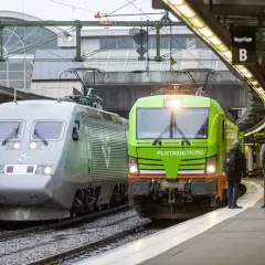 Två tåg, ett silverfärgat och ett grönt FlixTrain, står vid perrongen. En perfekt start för en paketresa tåg Sverige.