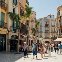 Folk promenerar på en solig gata i Malaga, kanske på väg till tågstationen för en resa till Stockholm.