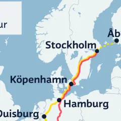 Karta visar rutter mellan Stockholm, Köpenhamn, Hamburg och Duisburg. En röd linje markerar tur och en gul linje retur.