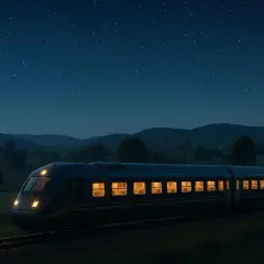 Ett obb train susar fram genom natten under en stjärnklar himmel.