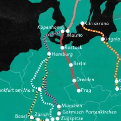 Karta visar tågrutter i Europa, från Karlskrona och Malmö till Prag och Zakopane. En resa med sj utland.