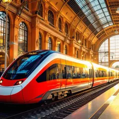 Ett modernt tåg i rött och orange står på perrongen vid Milano Centrale, redo för resan till Rom.