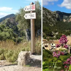 Kvinna vandrar på Mallorca. En skylt visar vägen till Alaró och Castell d'Alaró. I bakgrunden syns en pittoresk by med kyrka.