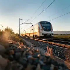 Ett modernt tåg på väg mellan Uppsala och Stockholm, med solnedgången som lyser upp landskapet och järnvägsspåren.