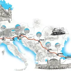 Karta som visar en tågresa från Paris, via Milano, Venedig, Ljubljana, Belgrad, Sofia till Istanbul. En historisk ånglok illustrerar resan.
