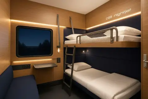En mysig sovkupé på ett euronight train med våningssängar, fönster med mörk natthimmel och bekväma sittplatser.