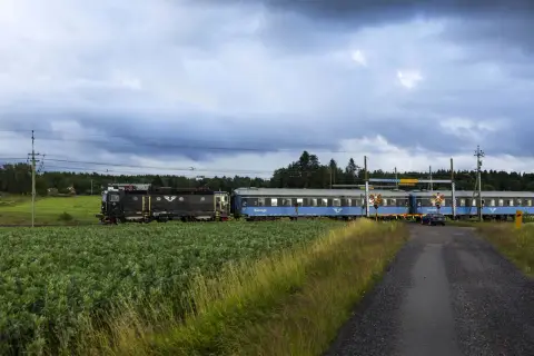 Ett svart lok drar blå sovvagnar på nya nattåg genom ett lantligt landskap med gröna fält och skog.