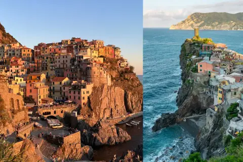 Färgstarka hus klättrar uppför klipporna vid Cinque Terre. En vy över en pittoresk kuststad vid havet.