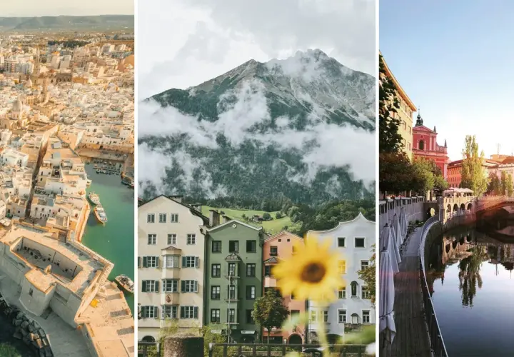 Dröm dig bort med ett weekendpaket i Europa: en solig kuststad, alpina hus med berg i molnen, och en stad vid en flod med broar.