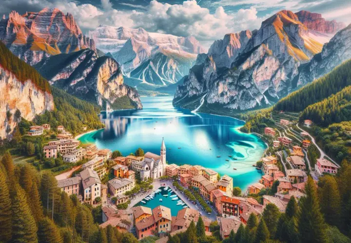 En pittoresk italiensk by vid en turkos sjö, omgiven av dramatiska berg. Ett av många mysiga resmål i Italien.