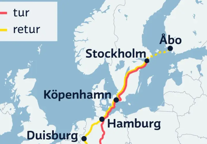 Karta visar rutter mellan Stockholm, Köpenhamn, Hamburg och Duisburg. En röd linje markerar tur och en gul linje retur.