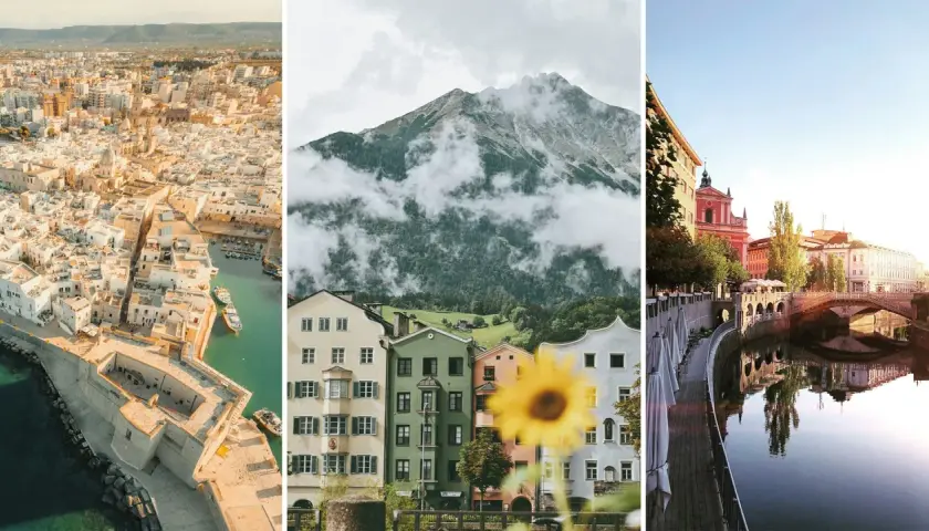 Dröm dig bort med ett weekendpaket i Europa: en solig kuststad, alpina hus med berg i molnen, och en stad vid en flod med broar.