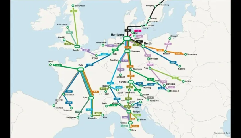 Utforska Europas nattåg! Kartan visar förbindelser från London till Rom, Berlin och vidare. Planera din resa med nattåg i Europa.
