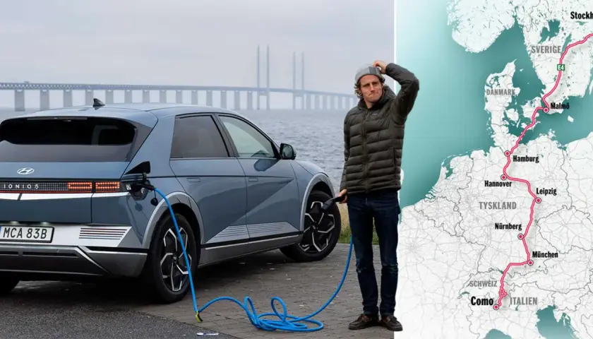 En man laddar sin elbil i Europa, redo för en resa från Sverige till Italien.