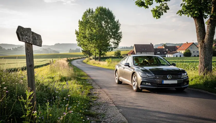 En mörkgrå Volkswagen kör längs en slingrande väg genom ett lantligt europeiskt landskap. En gammal vägvisare pekar mot en okänd destination, perfekt för en bila i Europa rutt.
