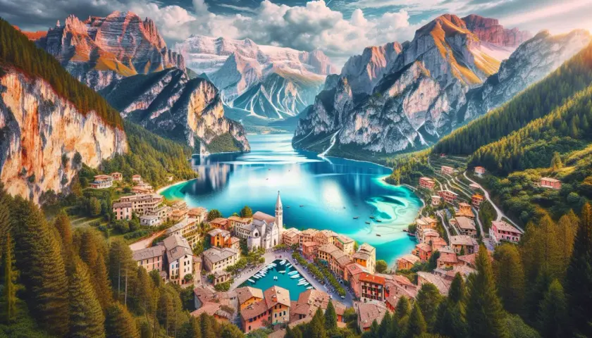En pittoresk italiensk by vid en turkos sjö, omgiven av dramatiska berg. Ett av många mysiga resmål i Italien.