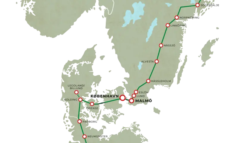 Karta över tåg Stockholm-München med stopp i Köpenhamn, Hamburg och flera svenska städer.