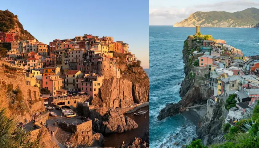 Färgstarka hus klättrar uppför klipporna vid Cinque Terre. En vy över en pittoresk kuststad vid havet.