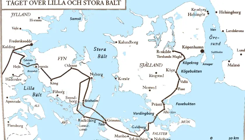 Karta över tågresan över Lilla och Stora Bält, med städer och vattenvägar markerade.