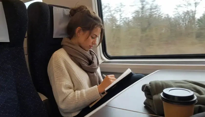 Ung kvinna skriver i en anteckningsbok på ett db tåg. Utanför fönstret syns träd.