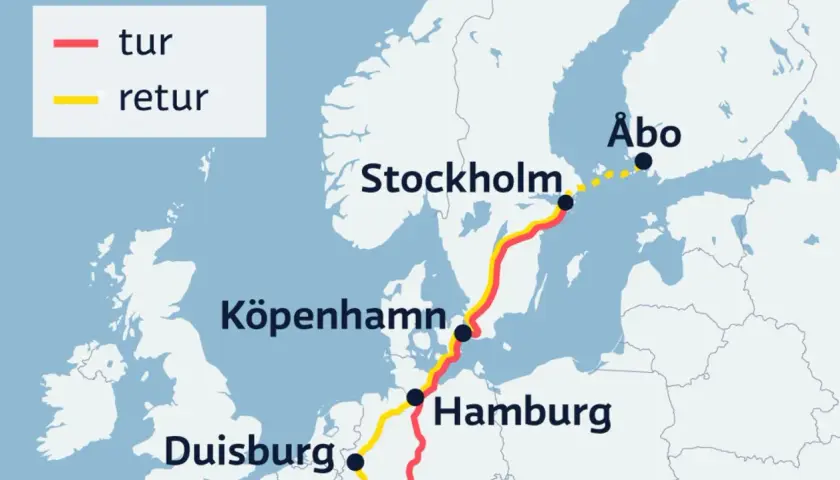 Karta visar rutter mellan Stockholm, Köpenhamn, Hamburg och Duisburg. En röd linje markerar tur och en gul linje retur.