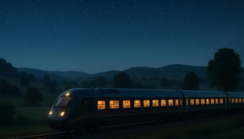 Ett obb train susar fram genom natten under en stjärnklar himmel.