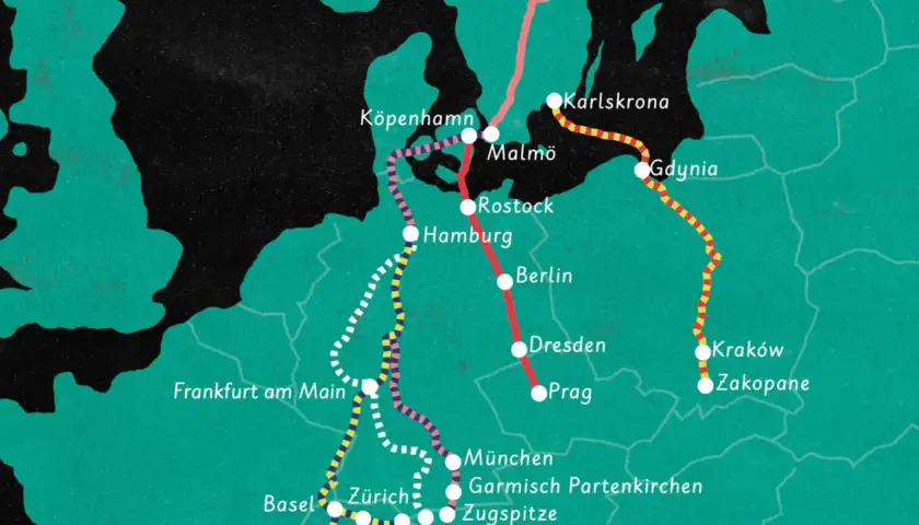 Karta visar tågrutter i Europa, från Karlskrona och Malmö till Prag och Zakopane. En resa med sj utland.