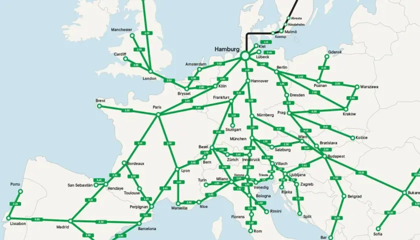 Karta över Europa med tågresa Sverige som utgångspunkt. Gröna linjer visar tågförbindelser mellan städer som London, Paris, Hamburg, Berlin, Prag, Wien och Budapest.