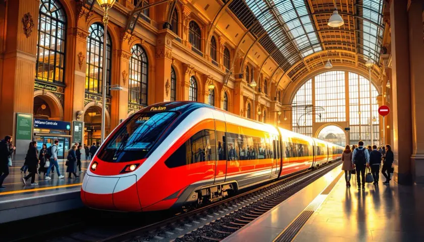 Ett modernt tåg i rött och orange står på perrongen vid Milano Centrale, redo för resan till Rom.