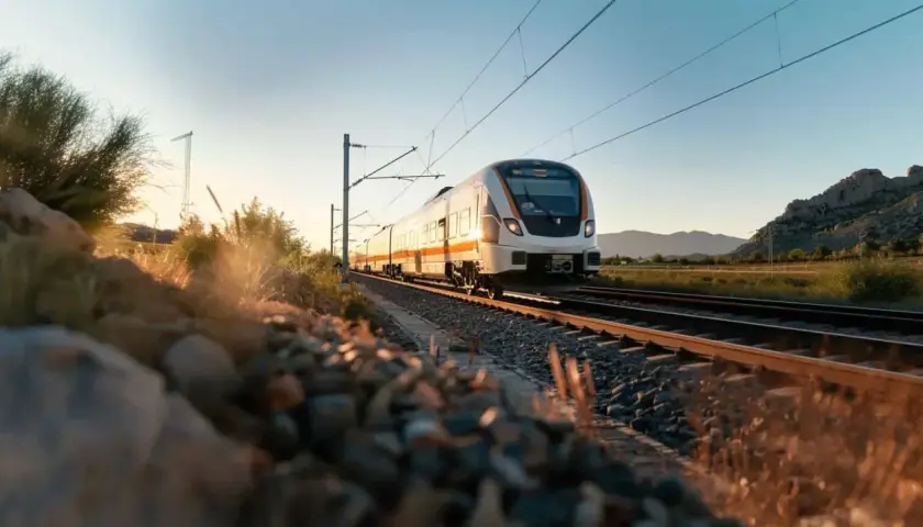 Ett modernt tåg på väg mellan Uppsala och Stockholm, med solnedgången som lyser upp landskapet och järnvägsspåren.
