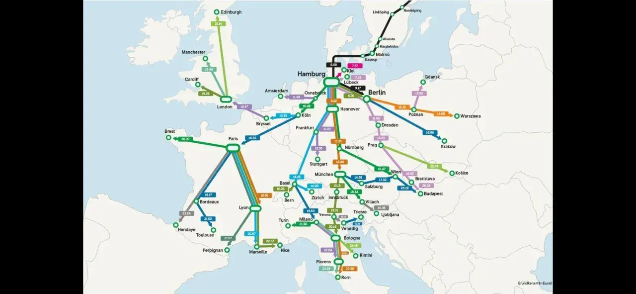 Utforska Europas nattåg! Kartan visar förbindelser från London till Rom, Berlin och vidare. Planera din resa med nattåg i Europa.