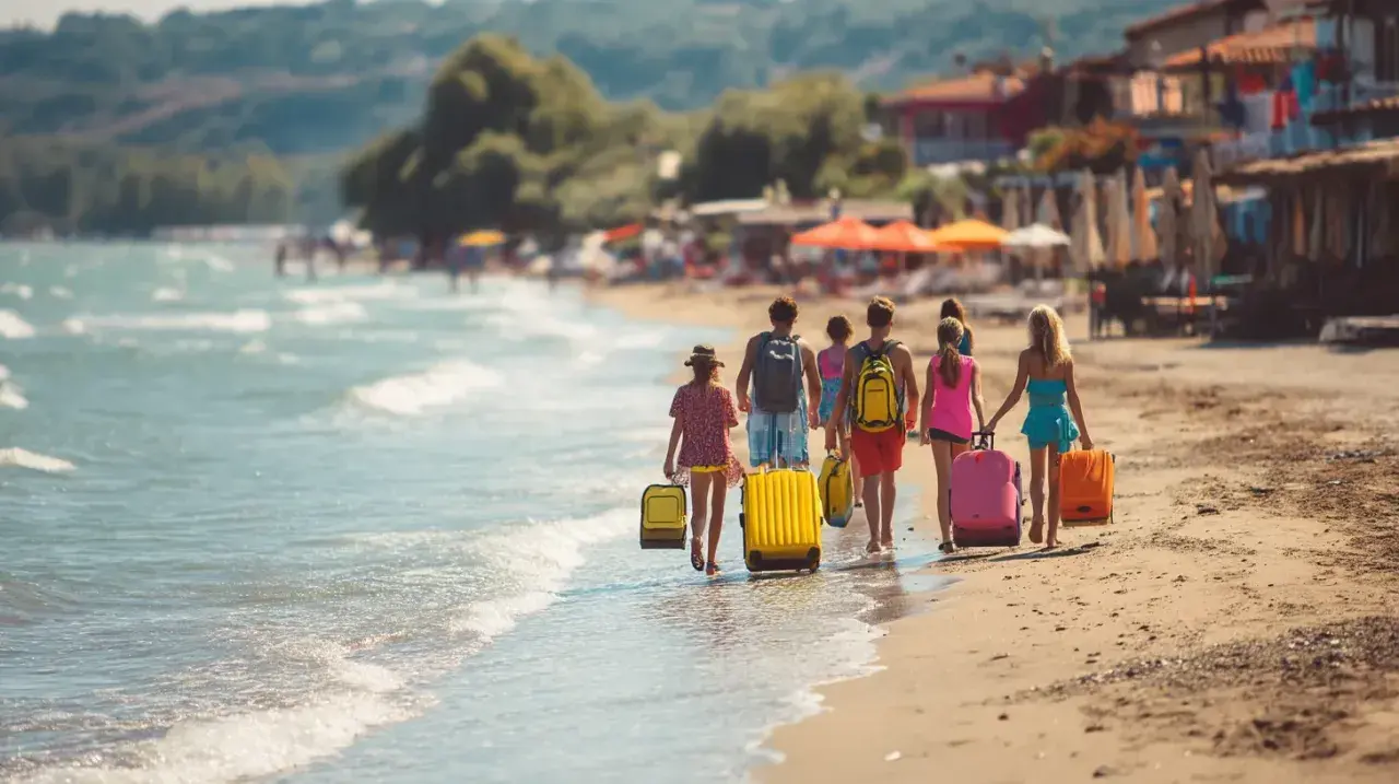 En familj med barn går längs stranden med resväskor, redo för en resa billigt i Europa.