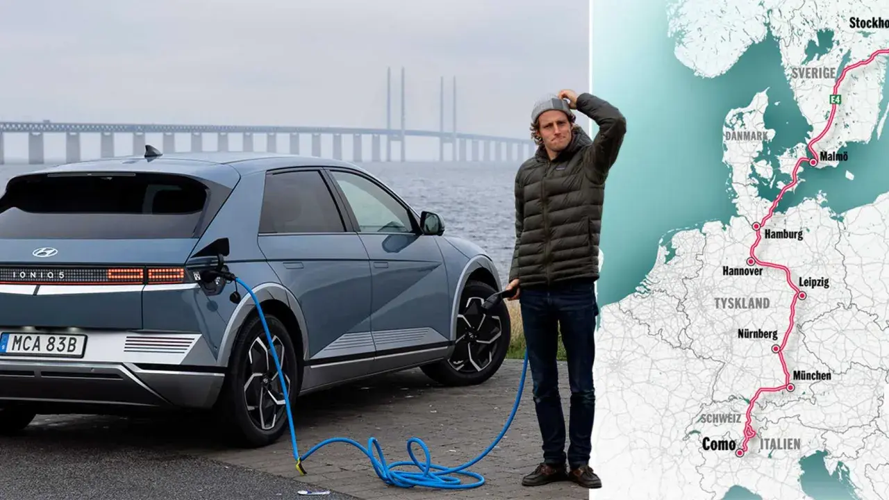 En man laddar sin elbil i Europa, redo för en resa från Sverige till Italien.
