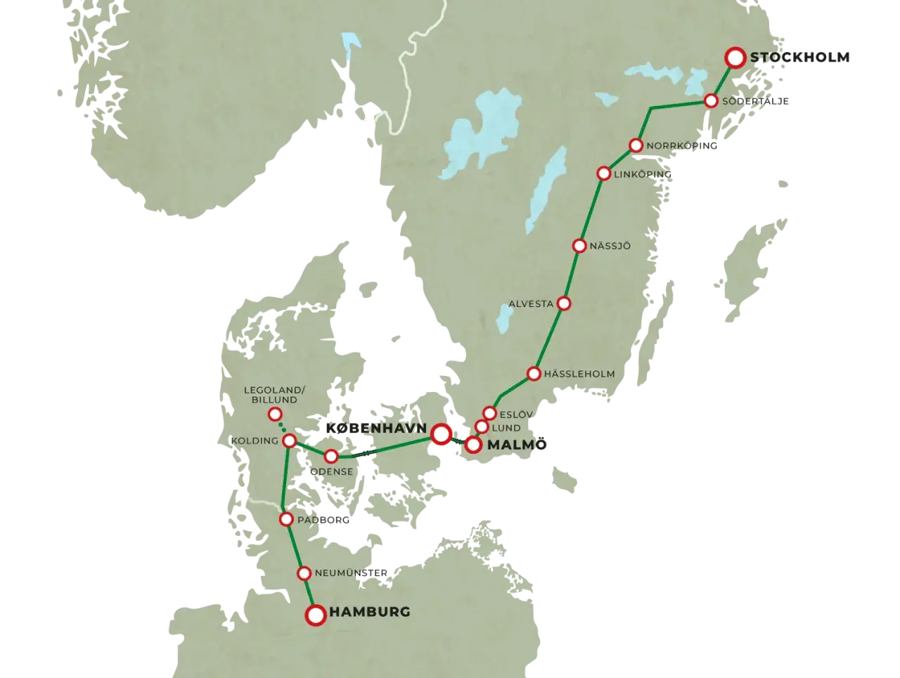 Karta över tåg Stockholm-München med stopp i Köpenhamn, Hamburg och flera svenska städer.