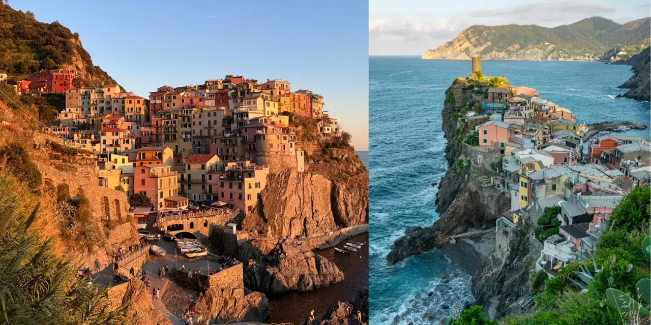 Färgstarka hus klättrar uppför klipporna vid Cinque Terre. En vy över en pittoresk kuststad vid havet.
