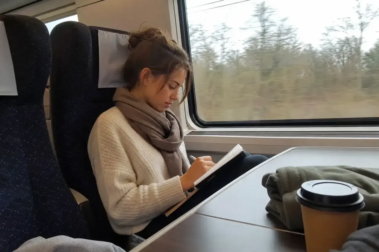 Ung kvinna skriver i en anteckningsbok på ett db tåg. Utanför fönstret syns träd.