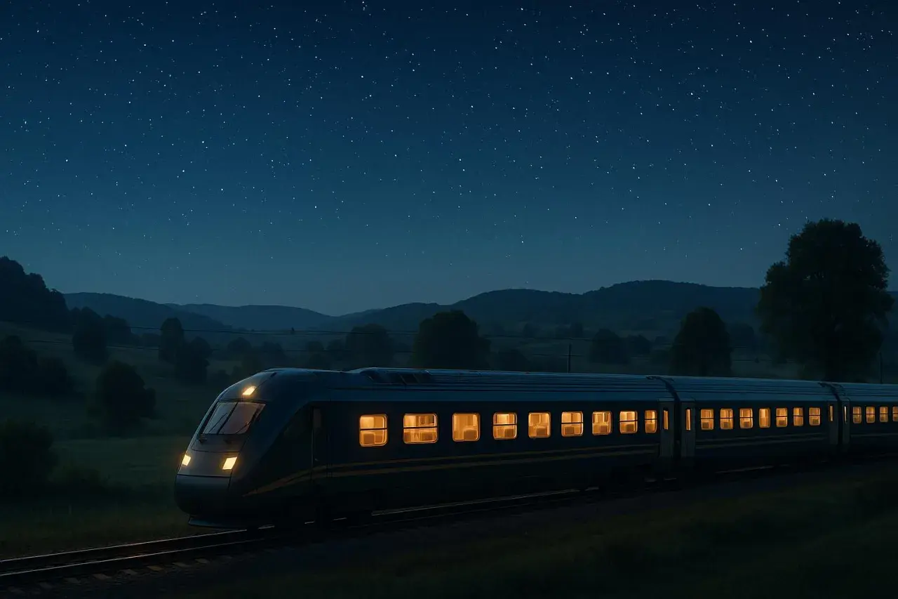 Ett obb train susar fram genom natten under en stjärnklar himmel.