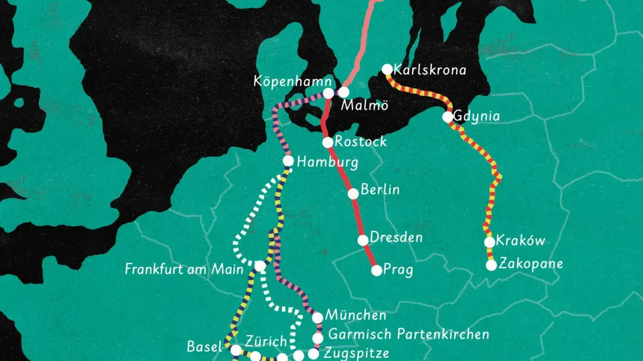 Karta visar tågrutter i Europa, från Karlskrona och Malmö till Prag och Zakopane. En resa med sj utland.