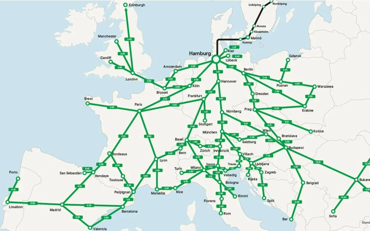 Karta över Europa med tågresa Sverige som utgångspunkt. Gröna linjer visar tågförbindelser mellan städer som London, Paris, Hamburg, Berlin, Prag, Wien och Budapest.