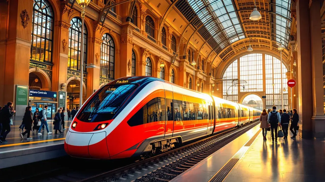 Ett modernt tåg i rött och orange står på perrongen vid Milano Centrale, redo för resan till Rom.
