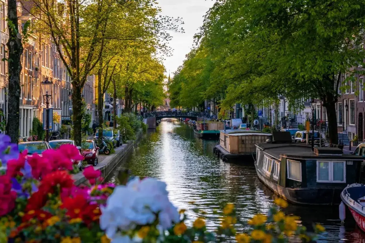 En vacker kanal i Amsterdam, perfekt för weekendresor. Husbåtar flyter på vattnet, kantade av träd och blommor.