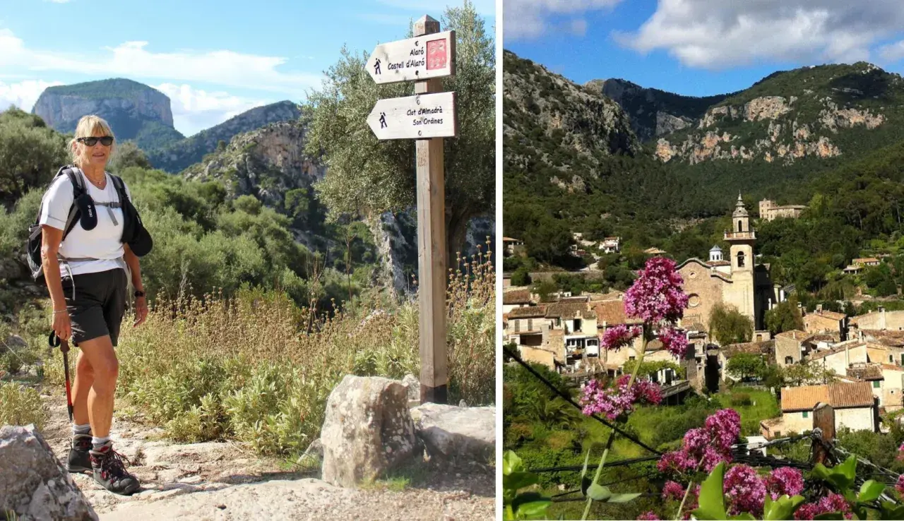 Kvinna vandrar på Mallorca. En skylt visar vägen till Alaró och Castell d'Alaró. I bakgrunden syns en pittoresk by med kyrka.