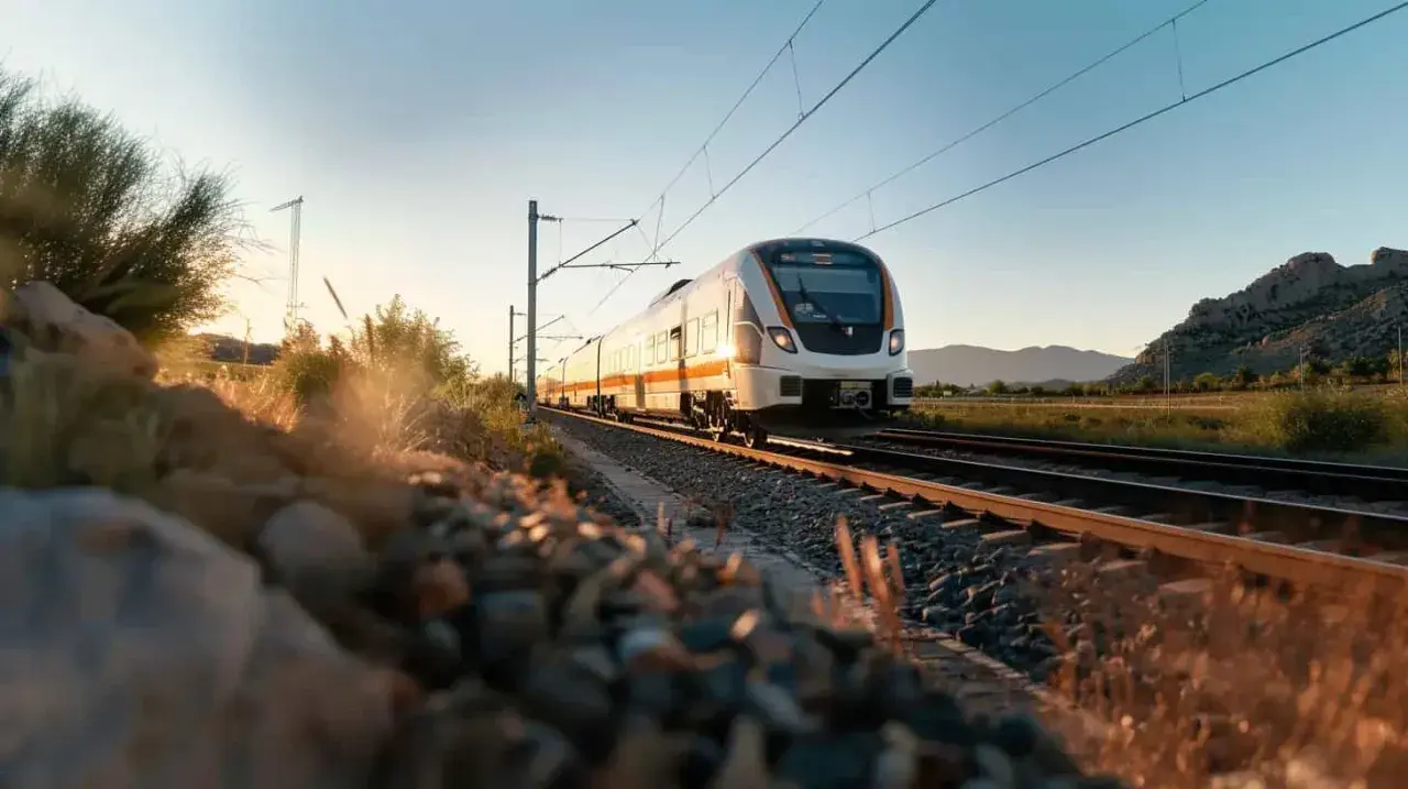 Ett modernt tåg på väg mellan Uppsala och Stockholm, med solnedgången som lyser upp landskapet och järnvägsspåren.